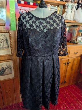 Handmade Black Lace Satin Dress 3/4 Sleeves Pleated Skirt